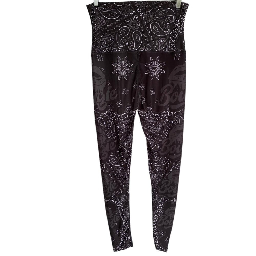 Bougie Boutique Women’s Leggings Size XXL 2XL Black White Paisley Print Spellout - Picture 1 of 8